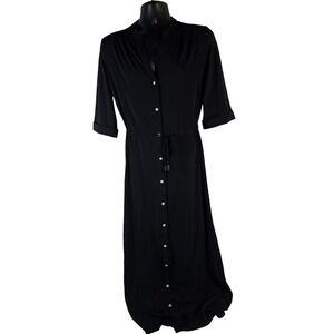 Iris Setlakwe Black Midi Shirt Dress Tie Waist Roll Tab Sleeve